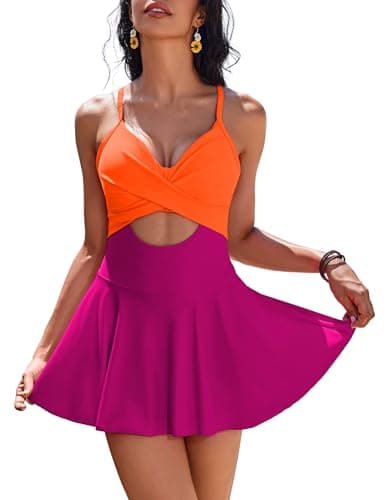 AI'MAGE Women's V-Neck One Piece Swim Dress with Tie Back Skirt