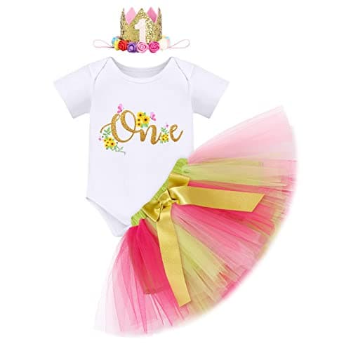 ODASDO Baby Girl's First Birthday Outfit with Flower Print Romper & Tutu Skirt Set