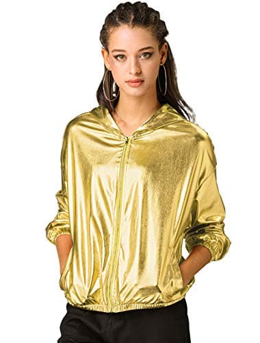 Holographic Shimmer Zipper Hooded Metallic Jacket for Women
