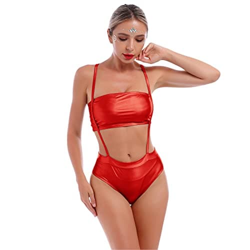IMEKIS Women Metallic Rave Outfit Crop Top Bodysuit for Music Festivals and Halloween Costume