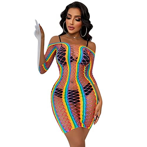 Rainbow Rave Outfit Fishnet Dress - Women's Music Festival Costume