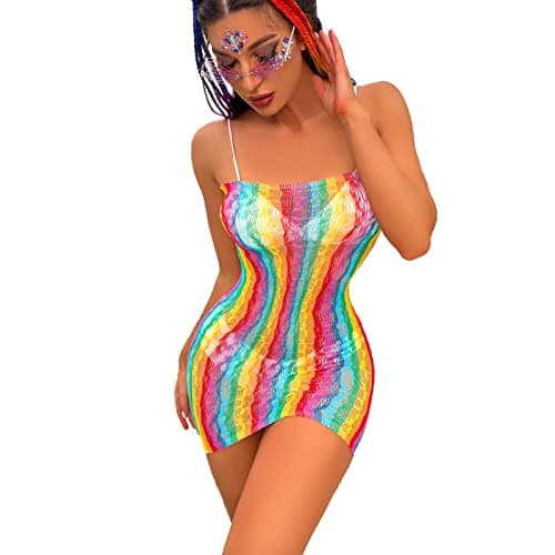 Rainbow Rave Outfit Fishnet Dress - Women's Music Festival Costume