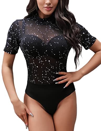 Sheer Mesh Long Sleeve Bodysuit for Women