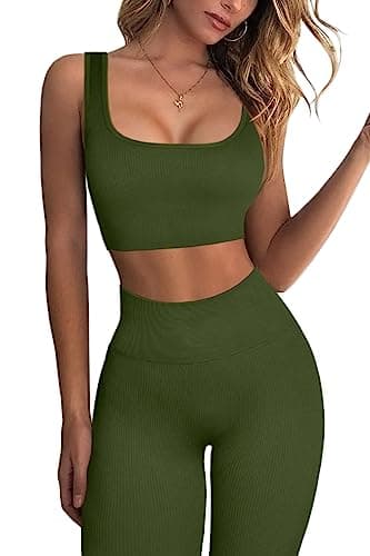 QINSEN Ribbed Workout Sets for Women: Seamless Sport Bra and High Waist Yoga Leggings