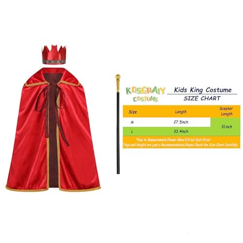 King Costume for Kids: Cape, Crown, Scepter, Halloween 3PC Set