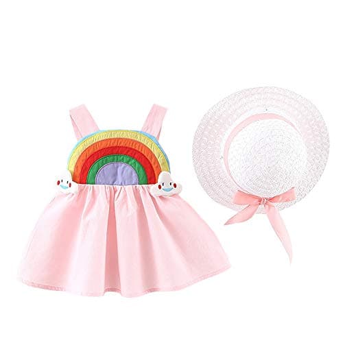 IMEKIS Toddler Girls Hawaiian Rainbow Backless Sundress & Straw Hat