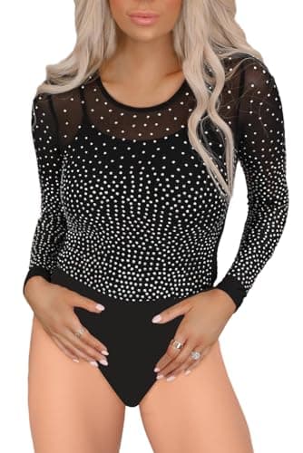 Sexy Rhinestone Studded Sheer Mesh Bodysuit for Women