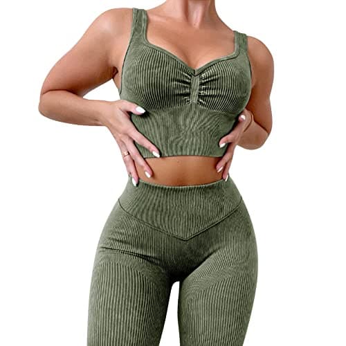 ABOCIW Women's Ribbed Seamless High Waist Scrunch Leggings with Sport Bra