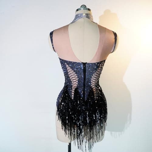 Youmeisha Black Fringe Rhinestone Dancing Costume for Women Stage Performances