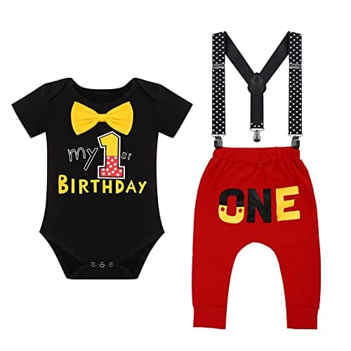 IDOPIP Baby Boys First Birthday Party Cake Smash Outfit with Mouse Ear Headband