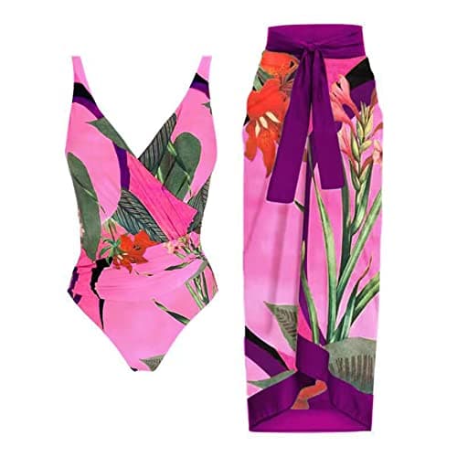 IMEKIS Women’s Floral Print Bikini Set with Wrap Skirt
