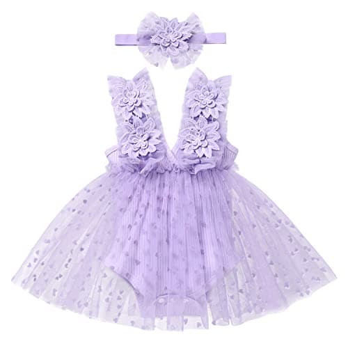 Newborn Baby Girl 1st Birthday Lace Tulle Romper Dress with Floral Headband
