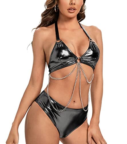 EDC Metallic Holographic Body Chain Harness Top & High Waist Bottom Festival Dance Bikini