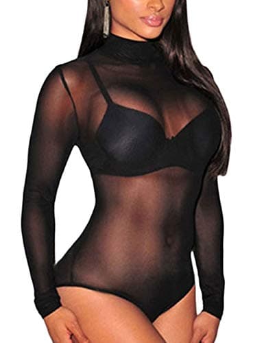 Sheer Mesh Long Sleeve Bodysuit for Women