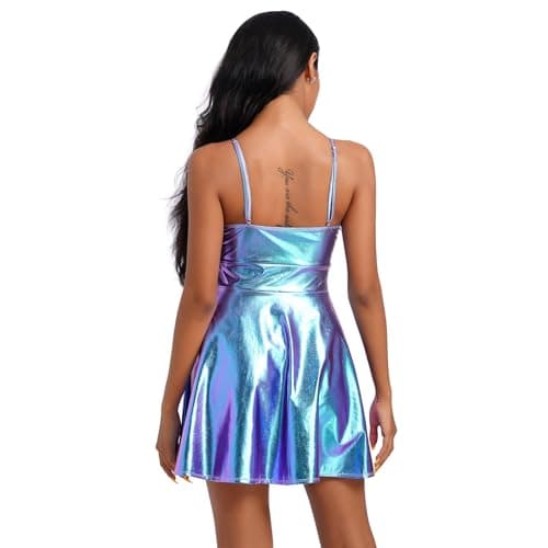 IMEKIS Women's Metallic Holographic Alien Cowgirl Disco Dress