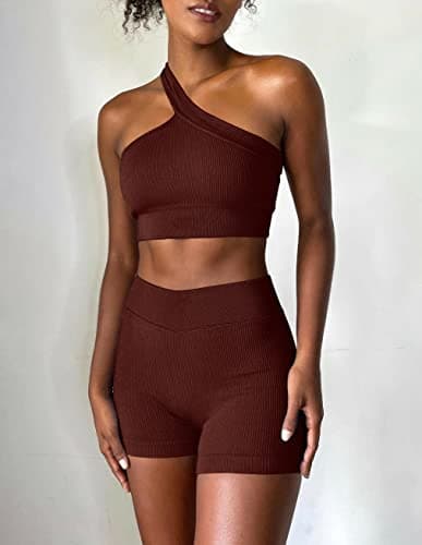 OLCHEE Women's 3-Piece Seamless Yoga Outfit - High Waist Shorts & One-Shoulder Sports Bra