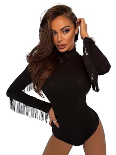 Black Fringe Long Sleeve Bodysuit for Women
