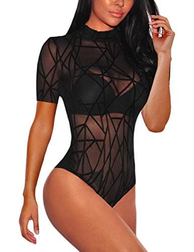 Sheer Mesh Long Sleeve Bodysuit for Women
