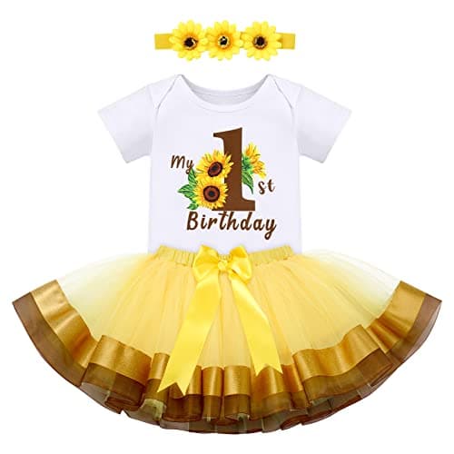 IBTOM CASTLE Baby Girl 1st Birthday Floral Lace Romper & Tutu Set+Crown Photo Clothes