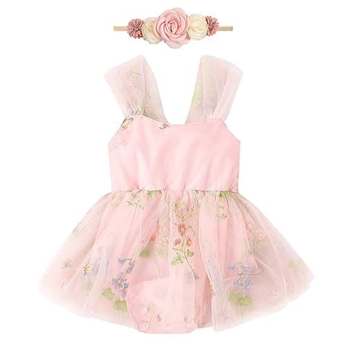 Newborn Baby Girl 1st Birthday Lace Tulle Romper Dress with Floral Headband