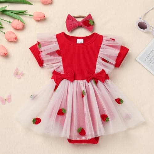 Newborn Baby Girl 1st Birthday Strawberry Butterfly Romper Dress with Headband for Cake Smash Photoshoot