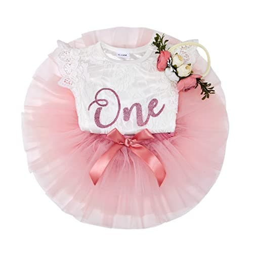 Weixinbuy Baby Girl 1st Birthday Outfit with Tulle Romper + Tutu + Flower Headband