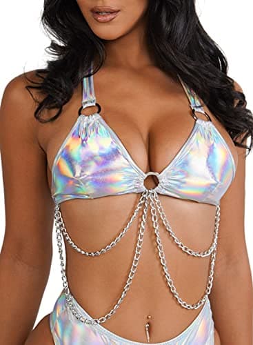 EDC Metallic Holographic Body Chain Harness Top & High Waist Bottom Festival Dance Bikini