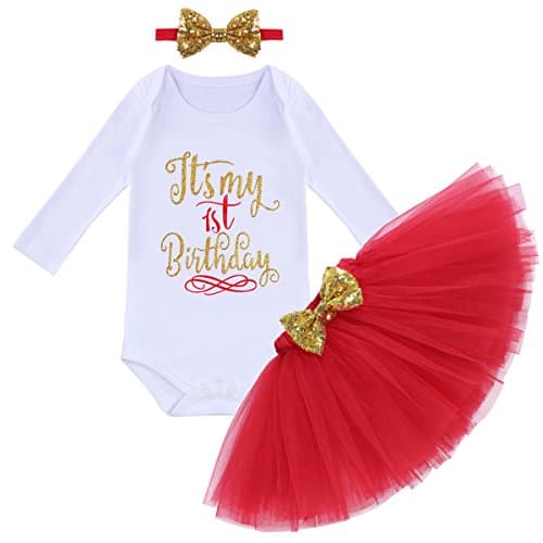 OwlFay Baby Girl 1st Birthday Crown Romper & Skirt + Bow Headband Party Dress Set