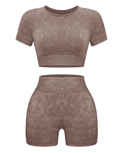 OLCHEE Women's Acid Wash Yoga Shorts & Crop Top Gym Outfit Set
