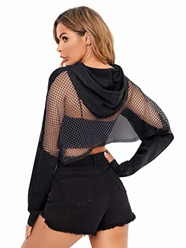 Verdusa Sheer Fishnet Drop Shoulder Hoodie Crop Sweatshirt