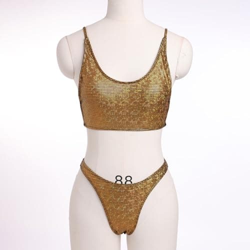 FYMNSI Sparkly Cami Crop Top & Cheeky Bikini Bottoms 2PCS Strappy Outfit