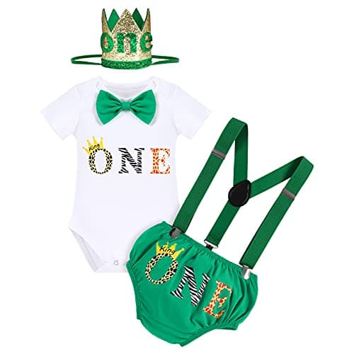 IMEKIS Baby Boys 1st Birthday Jungle Safari Romper Suspenders Shorts Hat Set