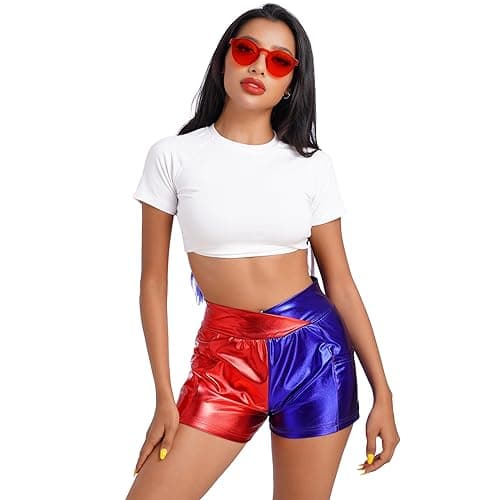 IMEKIS Women Metallic Shorts Halloween Cosplay Costume Sparkle Red and Blue Bottoms