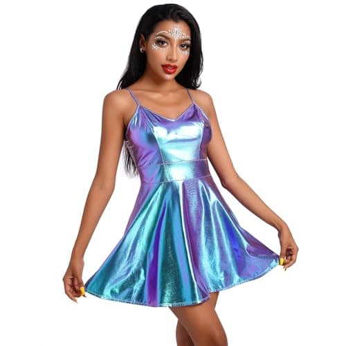 IMEKIS Women's Metallic Holographic Alien Cowgirl Disco Dress