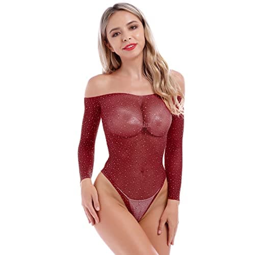 Sparkling Rhinestone Teddy Fishnet Bodysuit with Off Shoulder Design