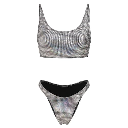 FYMNSI Sparkly Cami Crop Top & Cheeky Bikini Bottoms 2PCS Strappy Outfit