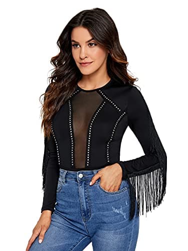 SweatyRocks Women's Sheer Mesh Cowgirl Bodysuit with Fringe Long Sleeves