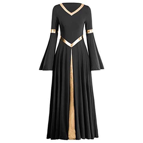 IMEKIS Metallic V Neck Praise Dance Dress Bell Sleeve Robe for Women