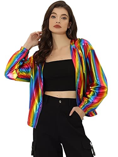 Holographic Shimmer Zipper Hooded Metallic Jacket for Women