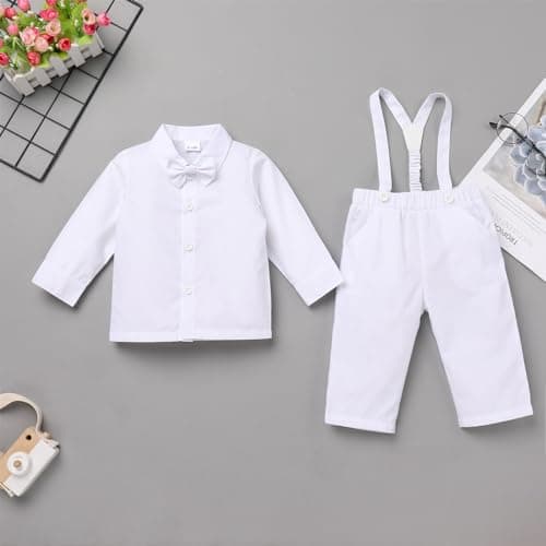 Christening Outfit for Toddler Boy with Bowtie and Suspenders
