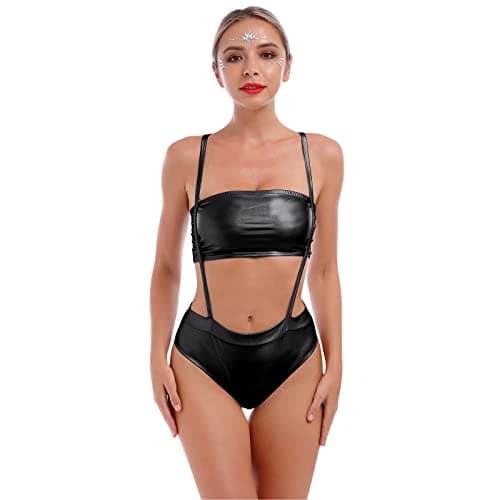 IMEKIS Metallic Rave Outfit Shiny Crop Top Bodysuit - Women's Music Festival Halloween Costume