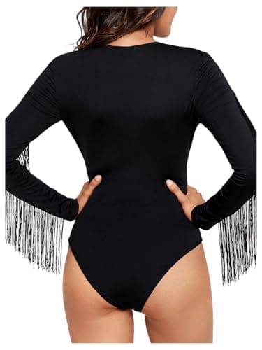 SweatyRocks Women's Sheer Mesh Cowgirl Bodysuit with Fringe Long Sleeves