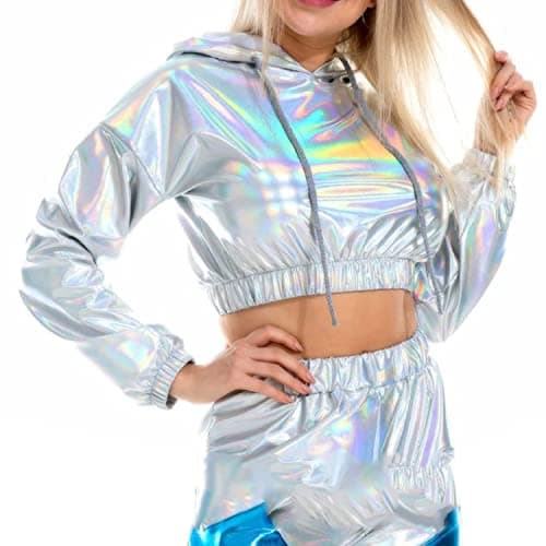 Bornpom Metallic Cropped Hoodie Sweatshirt for Women