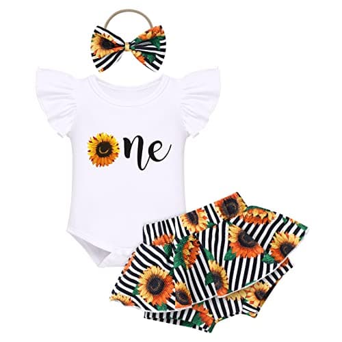 FYMNSI Baby Girls Sunflower Peach 1st Birthday Romper + Shorts + Headband for Cake Smash Photo Props