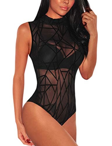 Sheer Mesh Long Sleeve Bodysuit for Women