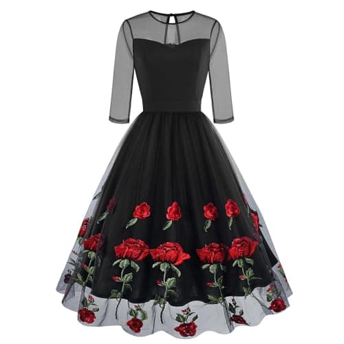 IMEKIS Women's Vintage Rose Embroidered Floral Swing Cocktail Dress