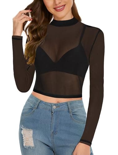 Women's Long Sleeve Bodycon Sheer Blouse See Through Mesh Top