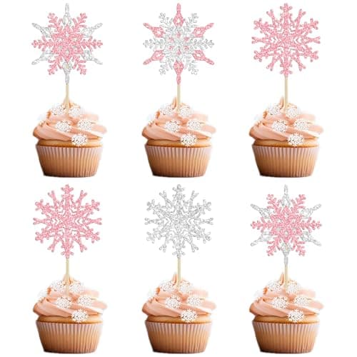 Gyufise 24 Pack Blue Silver Glitter Snowflake Cupcake Toppers for Winter Birthday