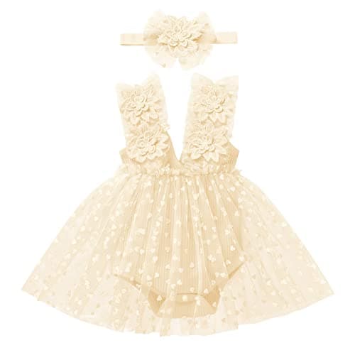 Newborn Baby Girl 1st Birthday Lace Tulle Romper Dress with Floral Headband