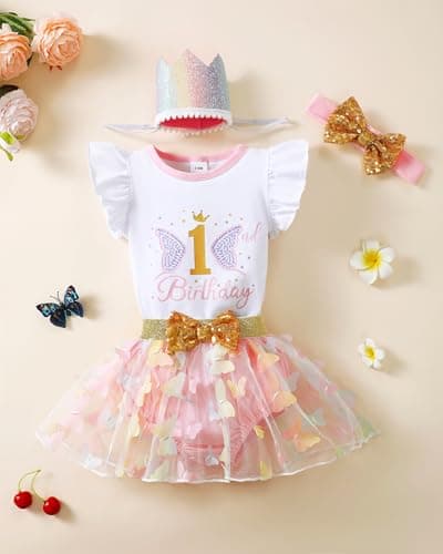 Renotemy Baby Girl 1st Birthday Outfit & Cake Smash Set with Hat